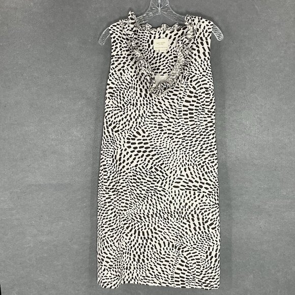 Kate Spade Dress Women Sz M 100% Linen Brushstroke Dot‎ Print Ruffle V-Neck Midi - Picture 1 of 14